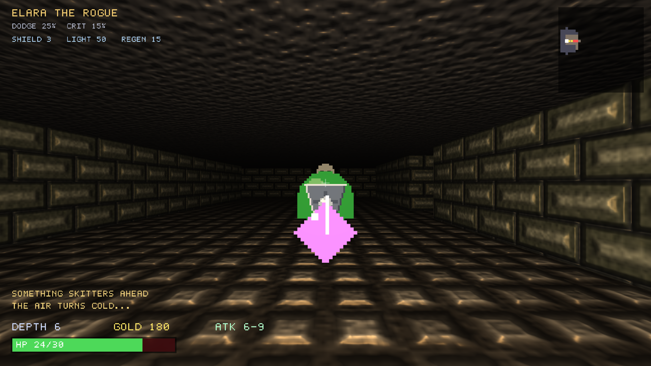 The deeper floors — a slime, with shield, torch-oil and regen active